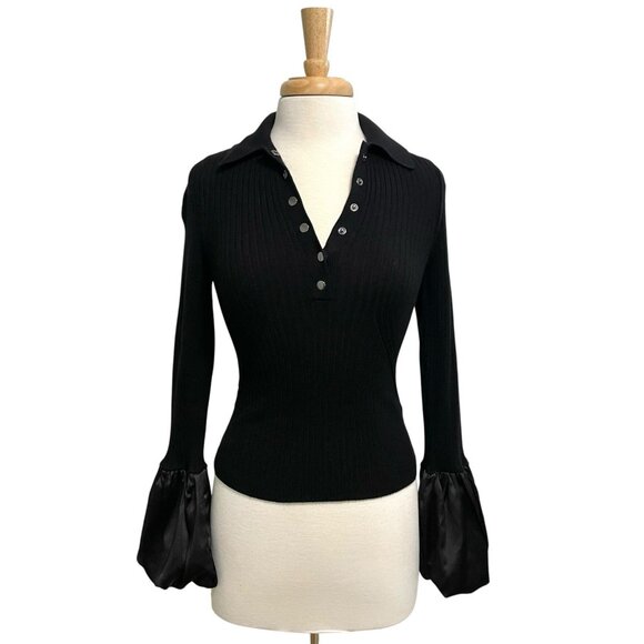 Anthropologie Maeve Satin Cuff Ribbed Polo Sweater Punk Goth Black size Small - Picture 1 of 10